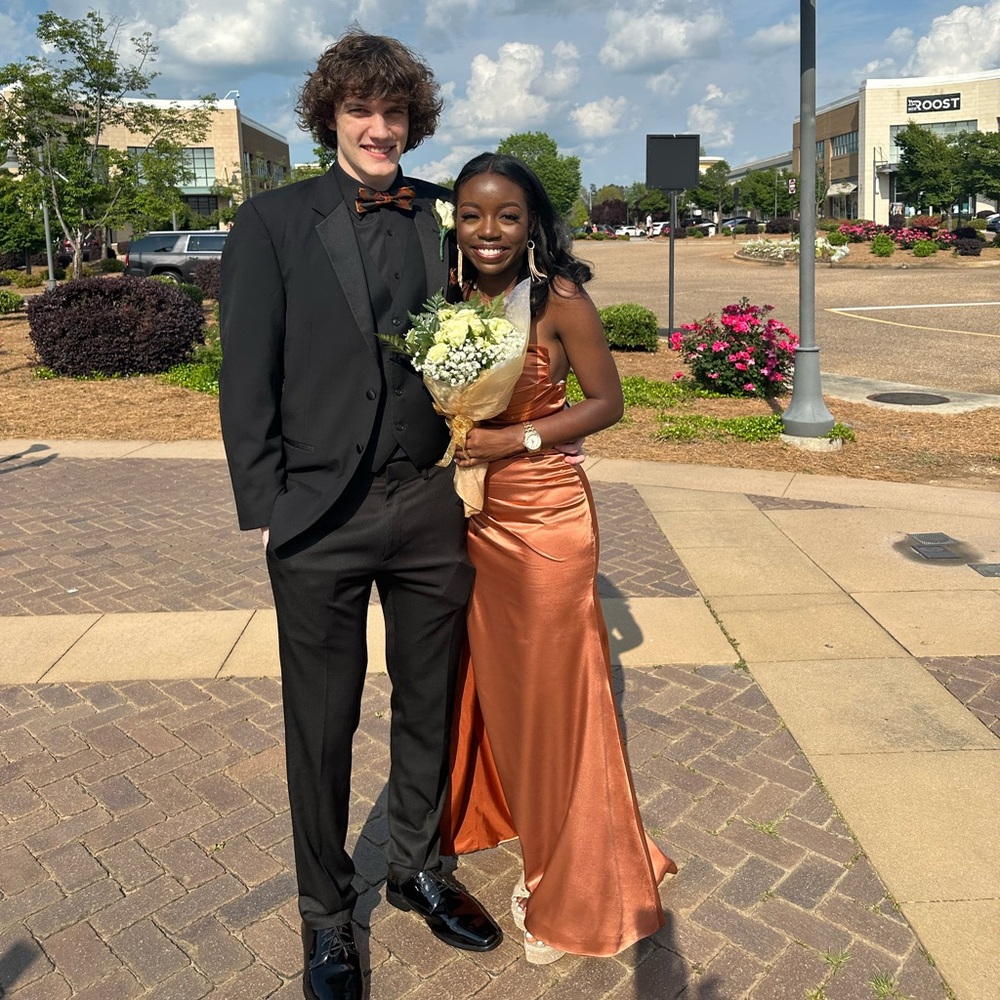 Burnt orange formal satin strapless dress